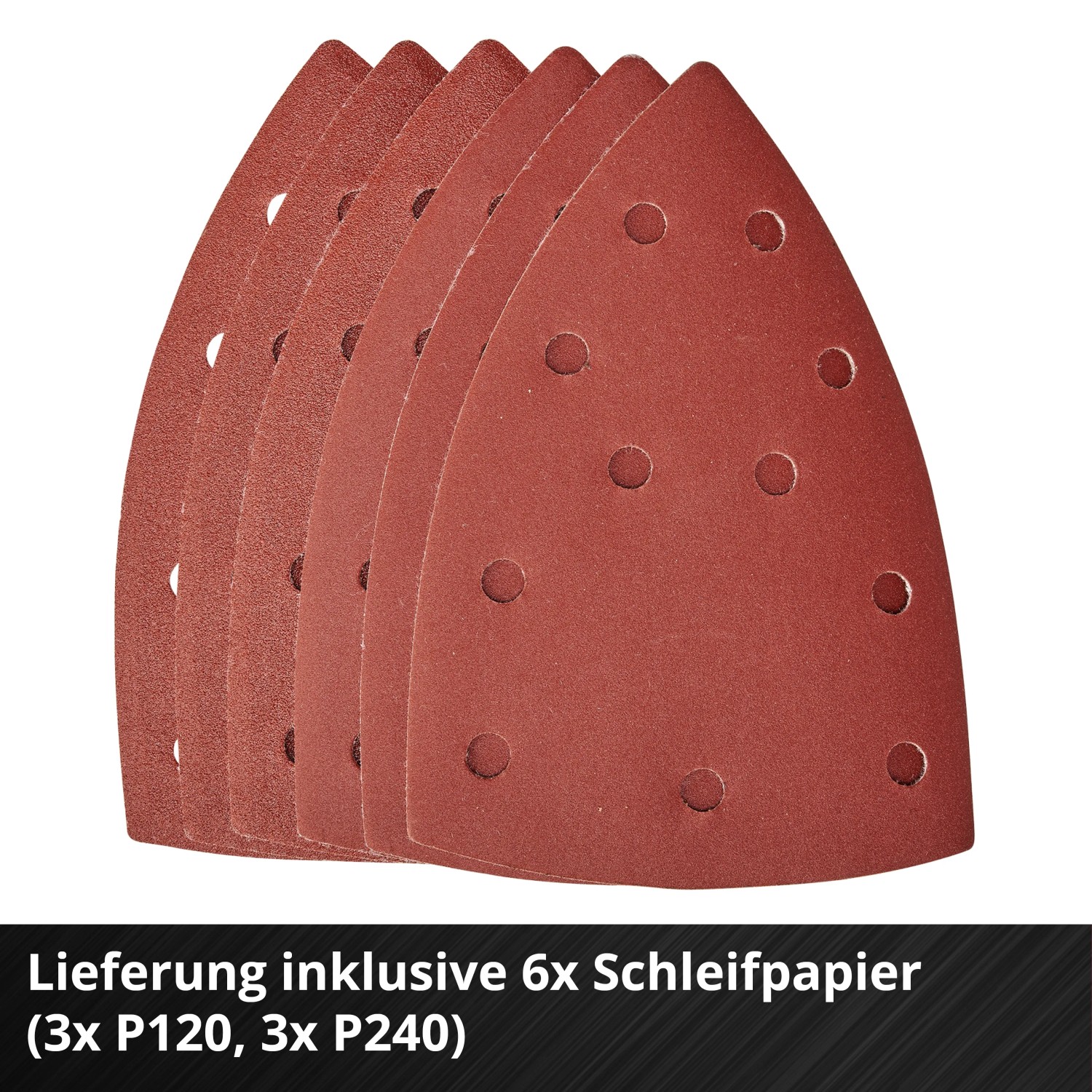 Sei carte abrasive rosse (3x P120, 3x P240) per levigatrice multifunzione a batteria Einhell.
