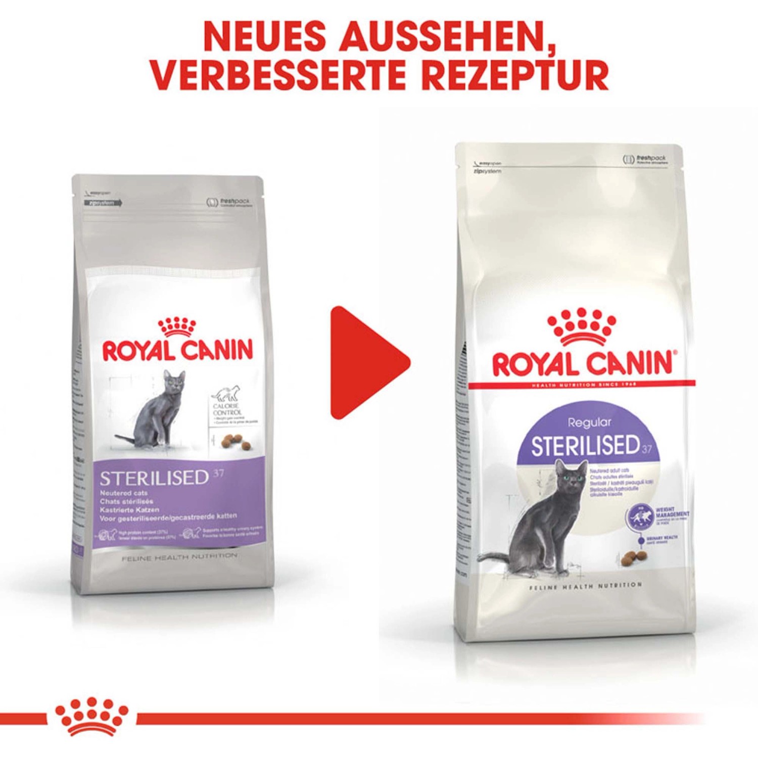 Royal Canin Sterilised cibo per gatti, confezione da 2kg, confronto tra vecchia e nuova ricetta.