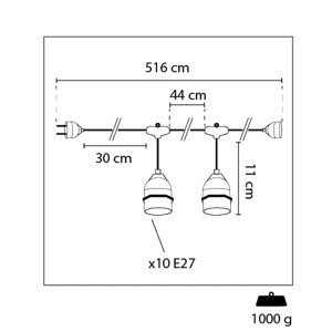 Disegno tecnico di una catena luminosa da esterno t.b.t. con dimensioni.