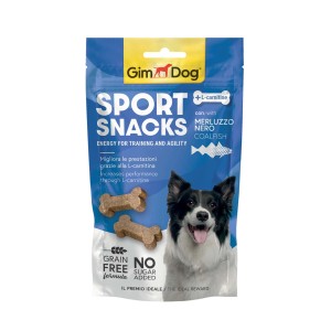 GimDog Sport Snacks con merluzzo per cani, senza cereali e senza zuccheri aggiunti.