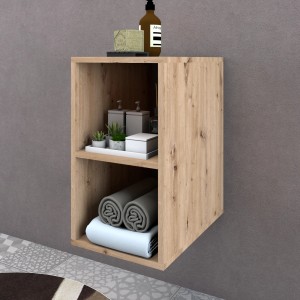 Mobile bagno sospeso color legno con due ripiani per accessori e asciugamani.