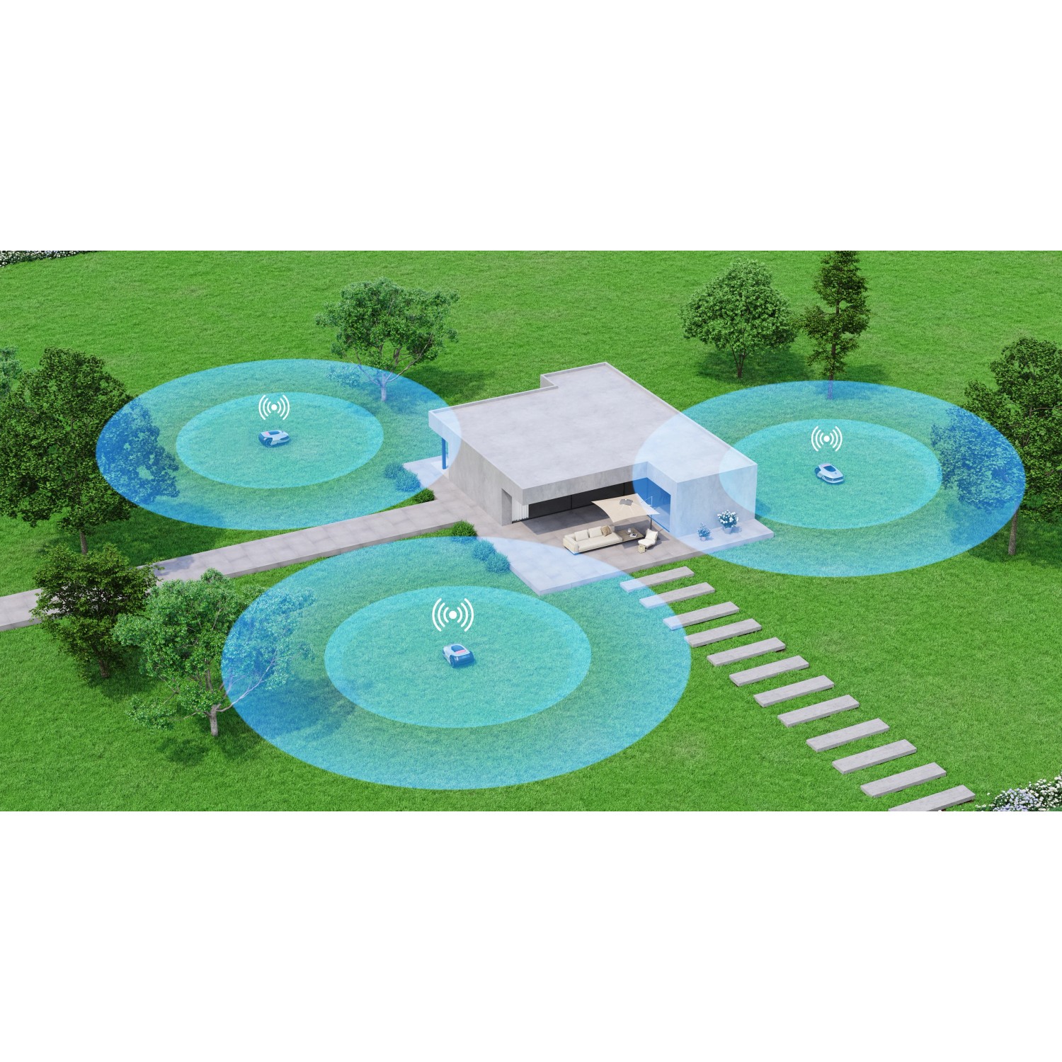 Dreame Robot rasaerba A1 Pro in uso davanti a una casa con prato. Installazione wireless.