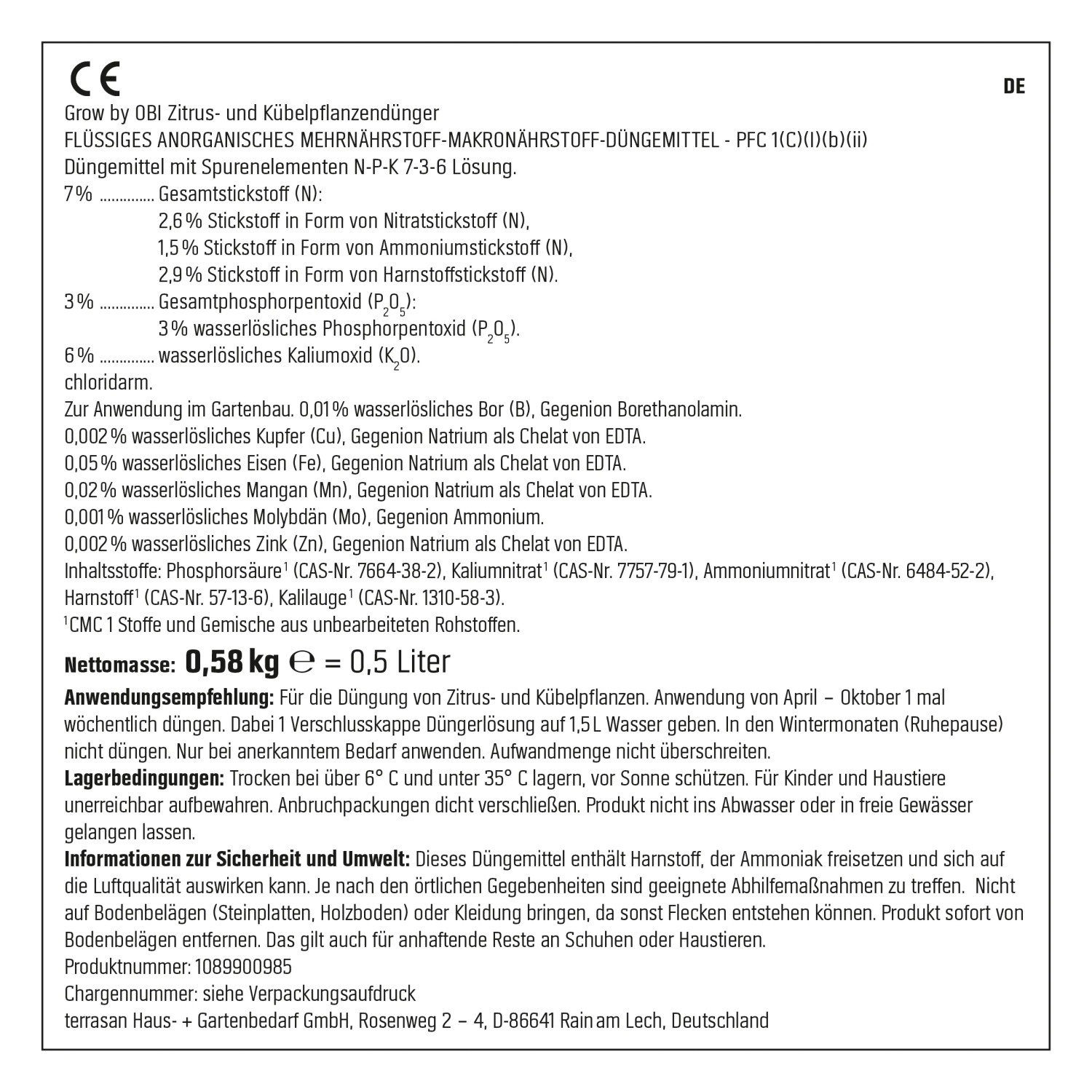 Etichetta del fertilizzante per agrumi e piante in vaso GROW by OBI, 500ml.