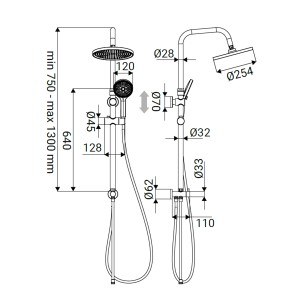 Disegno tecnico di una colonna doccia t.b.t. con dimensioni per l'installazione.