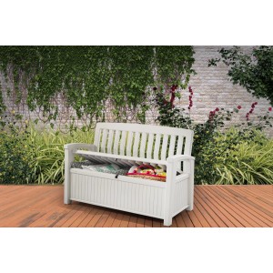 Panca da giardino bianca con spazio contenitivo sotto la seduta. Ideale per terrazza e giardino.