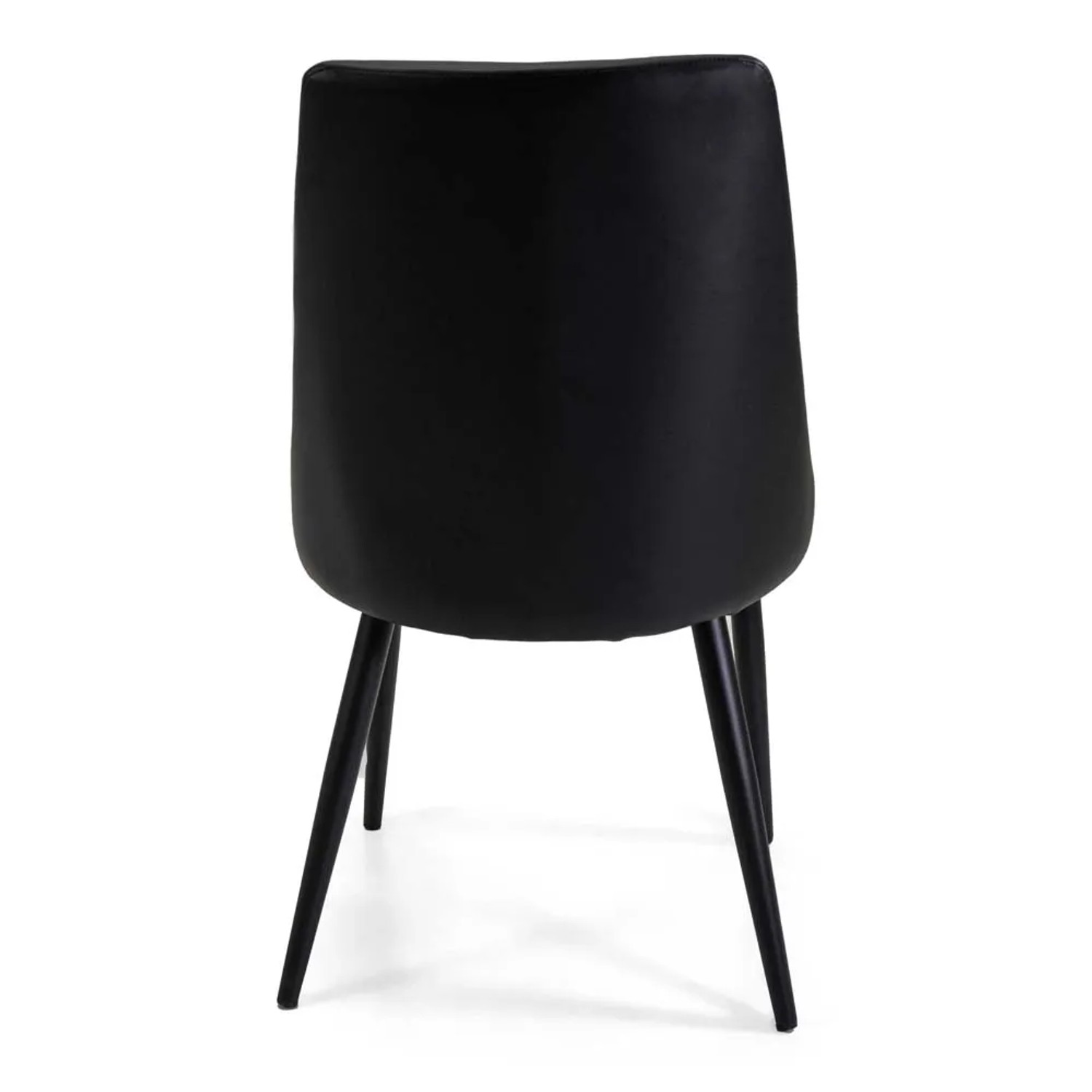 Sedia imbottita nera t.b.t. con gambe in metallo, vista posteriore.