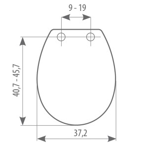 Disegno tecnico del sedile WC t.b.t. con dimensioni per l'installazione.