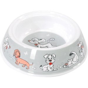 Ciotola per cani grigia con motivi di cani per cibo o acqua.