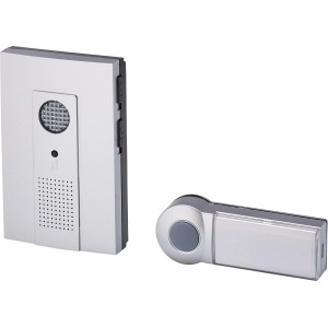 Campanello senza fili argentato con luce lampeggiante, composto da trasmettitore e ricevitore.