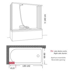 Schizzo di una vasca da bagno con doccia e dimensioni, accessori per doccia.