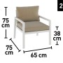 Dettaglio poltrona del set lounge divano Noralee, alluminio bianco, con dimensioni. Arredo giardino per sedute rilassanti.