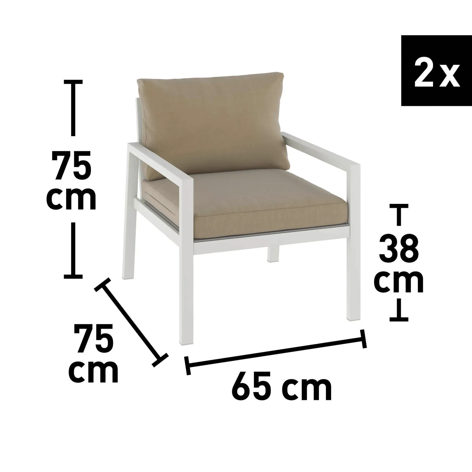 Dettaglio poltrona del set lounge divano Noralee, alluminio bianco, con dimensioni. Arredo giardino per sedute rilassanti.