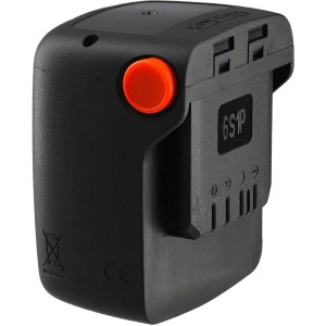 Pompa a pressione t.b.t. nera con pulsante arancione, vista dettagliata.