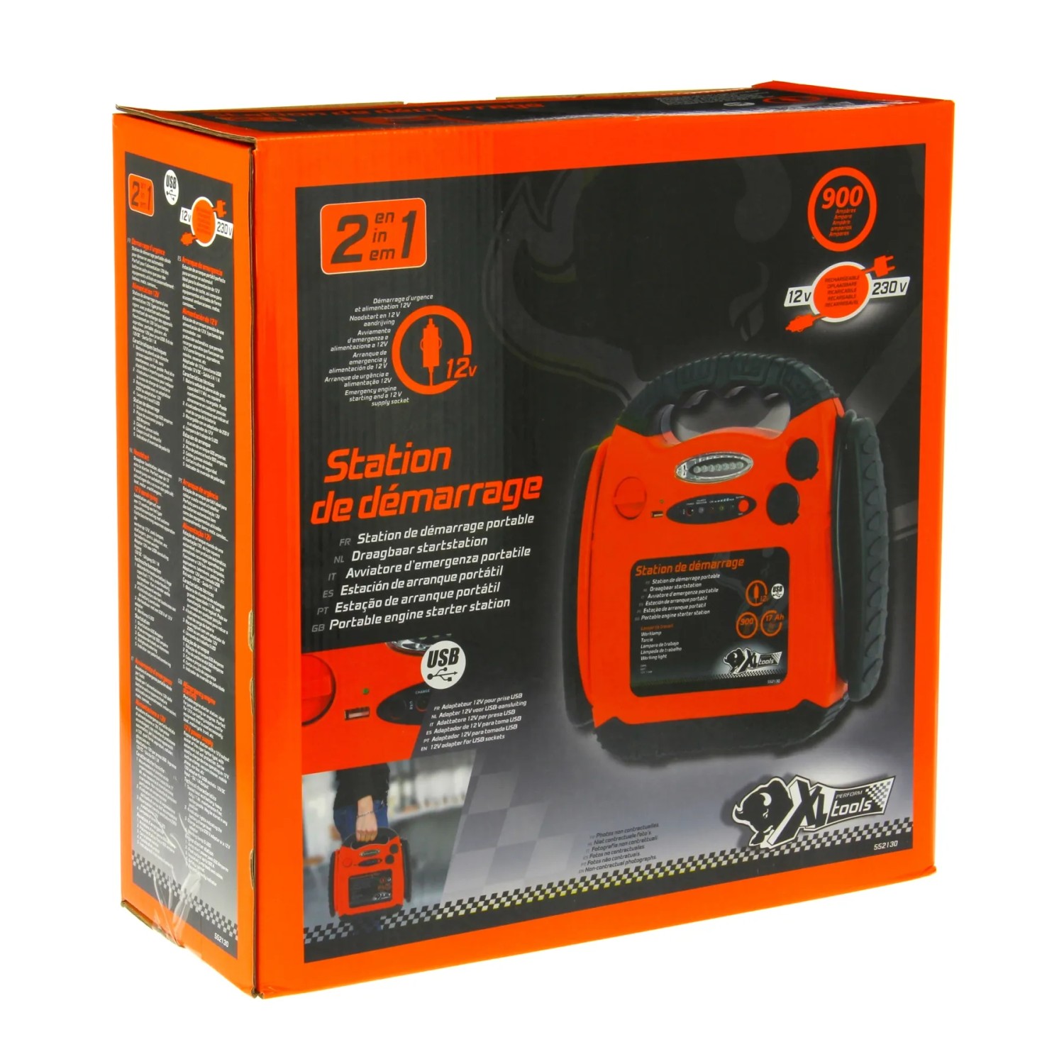Confezione di un avviatore di emergenza t.b.t. per auto, 12V/230V, con porta USB.