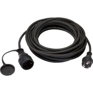 Prolunga nera da 10 m H05RR-F 3G1,5 con spina di sicurezza e cappuccio.