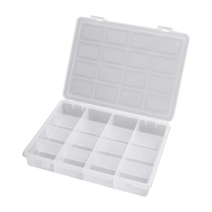 Scatola assortimento trasparente con scomparti per minuterie.