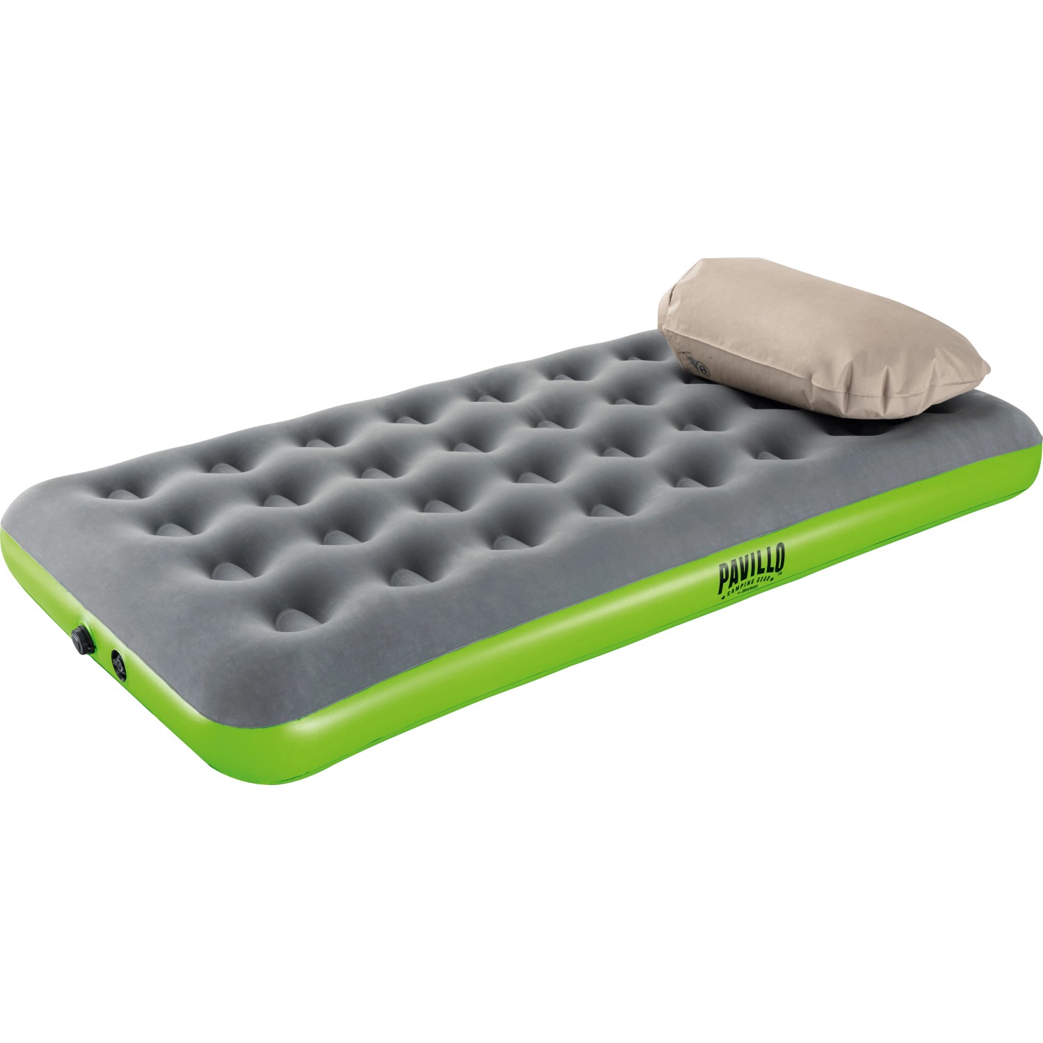 Materasso gonfiabile Pavillo con cuscino e pompa, grigio con bordo verde, ideale per campeggio e outdoor.