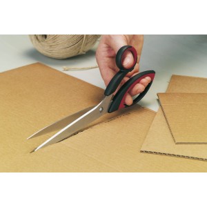 Forbici multiuso LUX tagliano cartone, impugnatura morbida nero-rossa, lame in acciaio inox.