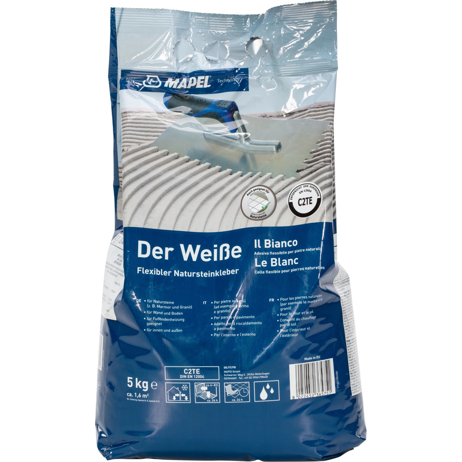 Sacco di malta per pietra naturale Mapei C2TE 5 kg, adatta per piastrelle in pietra naturale.