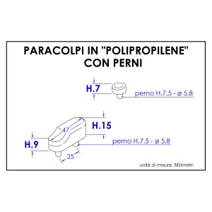 Disegno tecnico di accessori WC: Paracolpi in polipropilene con perni, dimensioni in millimetri.