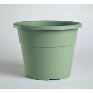 Vaso per piante verde con motivo in rilievo.