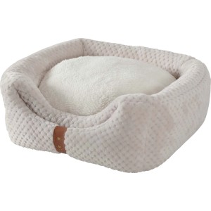 Cuccia beige per gatti con cuscino morbido.