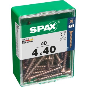 Viti per legno SPAX 4x40 mm in contenitore di plastica verde.