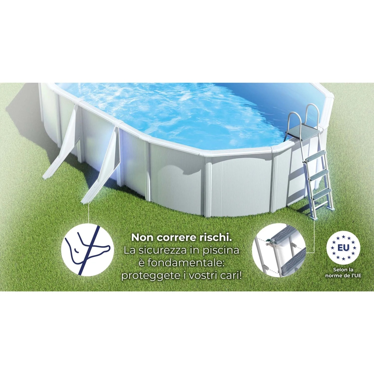 Piscina ovale Gre Bora Bora con pareti in acciaio bianche e scaletta di sicurezza su prato verde.