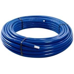 Tubo multistrato t.b.t. blu arrotolato e fissato con fascette.