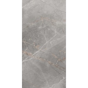Piastrella per pavimenti grigia effetto marmo con venature chiare.