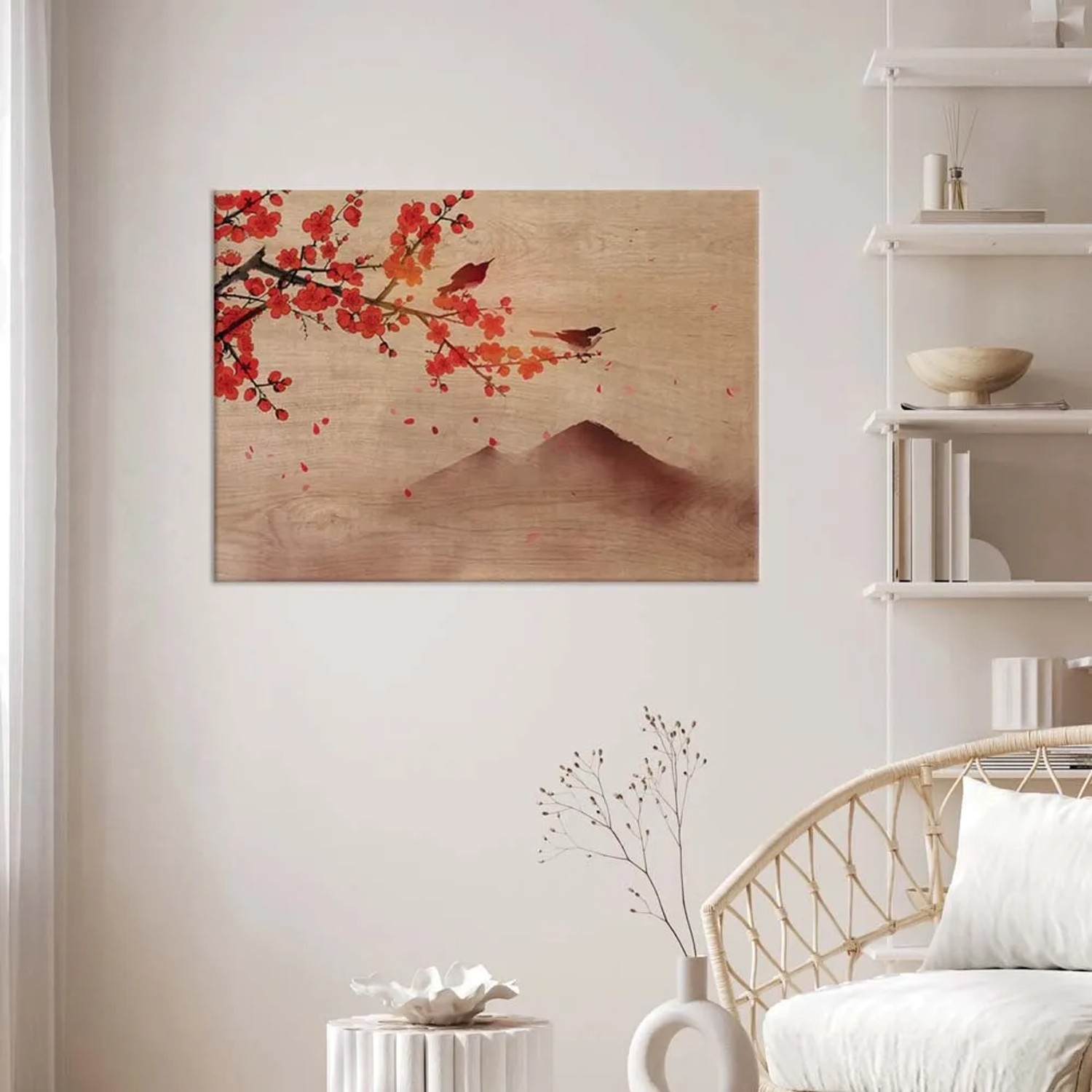 Quadro Quadri con fiori di ciliegio e uccelli su effetto legno, stile asiatico.
