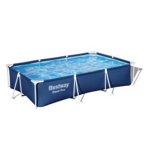 Piscina rettangolare Bestway Steel Pro, piscina fuori terra con vasca blu e telaio in acciaio bianco.