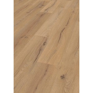 Pavimento laminato chiaro effetto legno con venature e nodi.