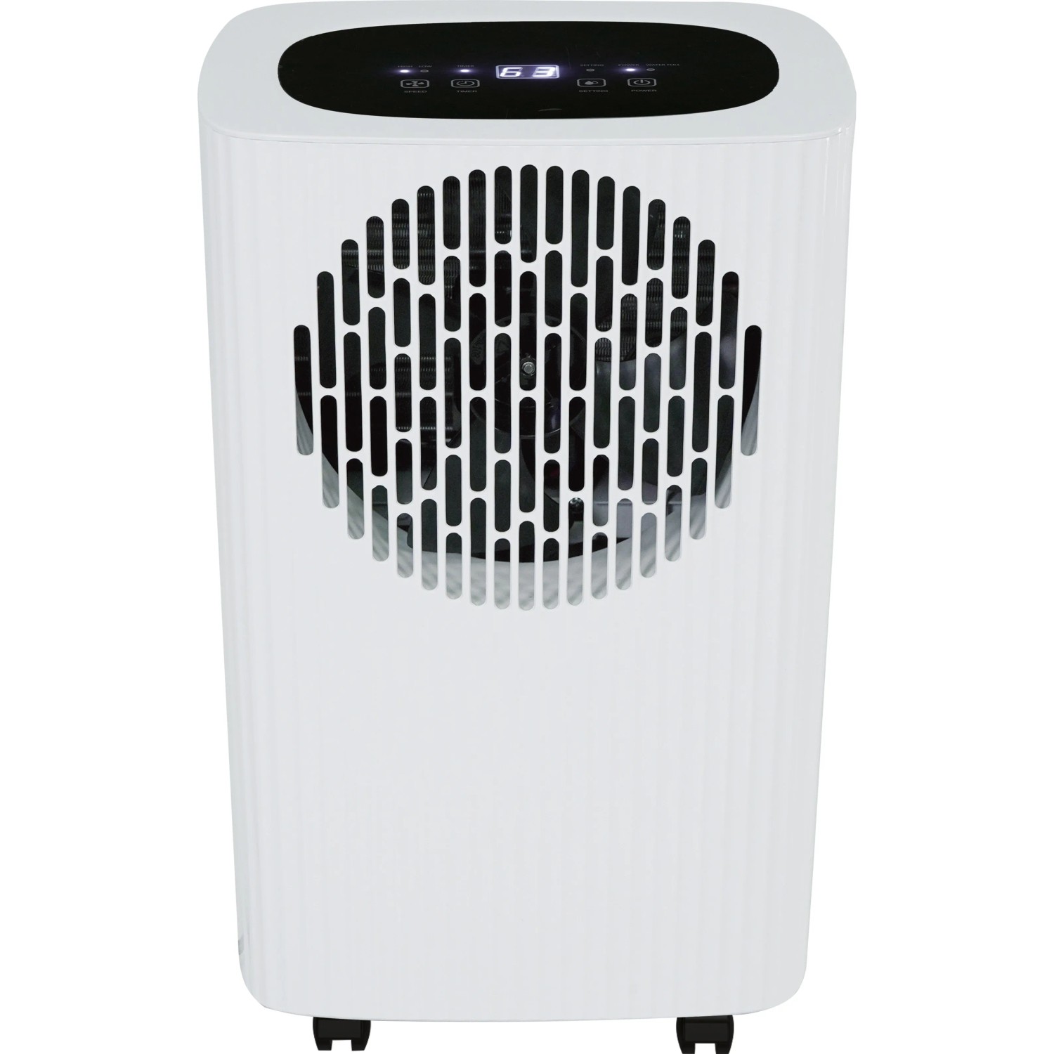 Deumidificatore bianco LEF-205-40 con ruote e display digitale per un clima interno confortevole.