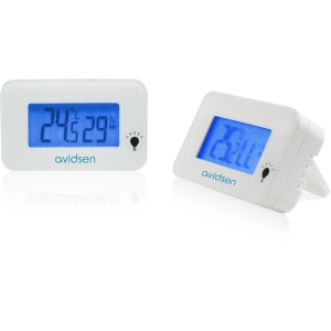 Avidsen Termo-igrometro: Due dispositivi bianchi con display digitale blu per temperatura e umidità.