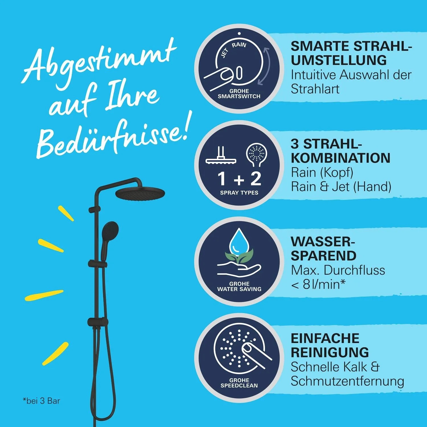 Sistema doccia Grohe Vitalio Start 250 Flex con soffione e doccetta in nero opaco.