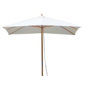 Ombrellone t.b.t. con supporto in legno e telo rettangolare bianco.