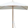 Ombrellone t.b.t. con supporto in legno e telo rettangolare bianco.