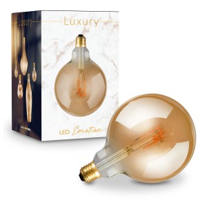 Lampadina LED E27 decorativa con finitura dorata, ideale per illuminazione d'atmosfera.