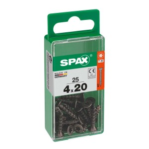 Viti universali Spax 4x20 mm, zincate, nere, 25 pezzi in contenitore di plastica verde.