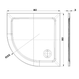Disegno tecnico di un piatto doccia quadrato (80x80 cm) con angolo a quarto di cerchio.
