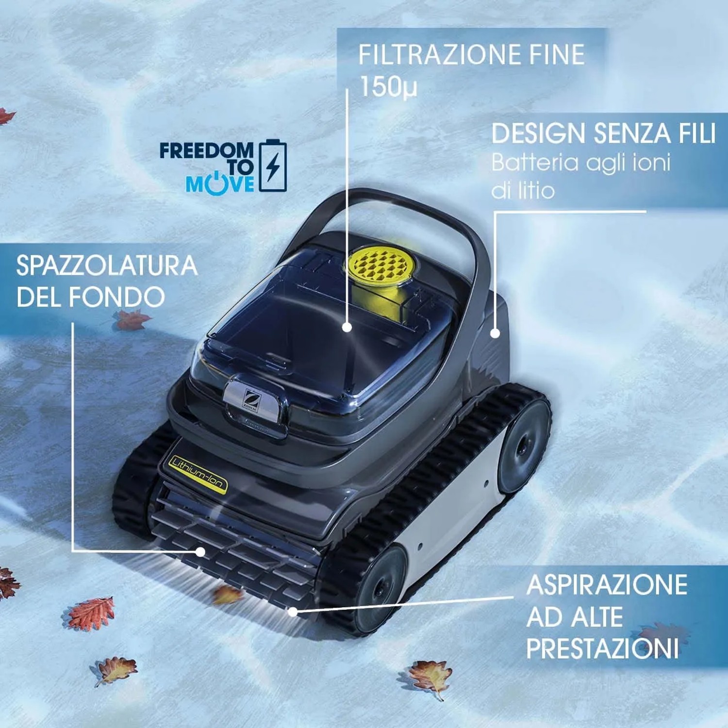 Robot per piscina grigio con cingoli per la pulizia delle piscine.