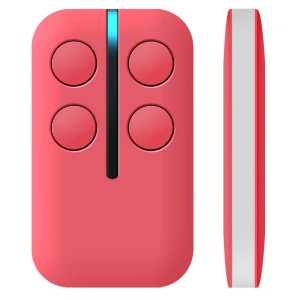 Telecomando t.b.t. per automazione garage rosso con quattro pulsanti.