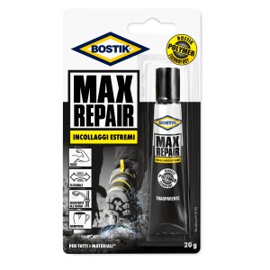 Adesivo Bostik Max Repair, trasparente, tubo da 20g per incollaggi estremi.