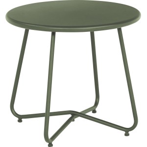 Tavolino da giardino rotondo Punta Gorda (Ø 50 cm) in acciaio verniciato a polvere color oliva.