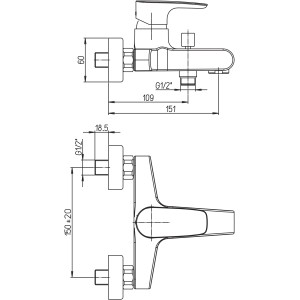 Disegno tecnico: miscelatore per vasca t.b.t. con dimensioni.