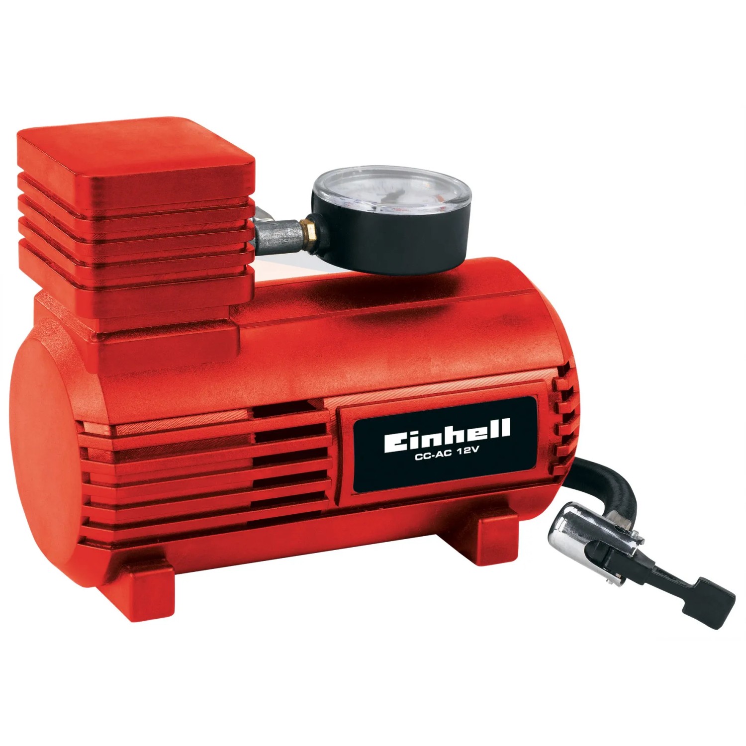 Compressore auto rosso Einhell con manometro per accessori auto.