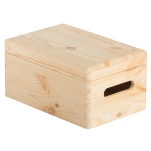 t.b.t. Cassapanca in legno chiaro con coperchio e maniglie incassate.