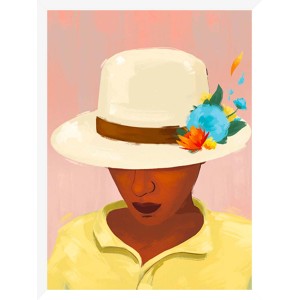 Quadri: Donna con cappello e camicia gialla, arte moderna.