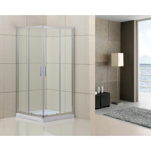 Box doccia angolare t.b.t. con ante scorrevoli e telaio argentato.
